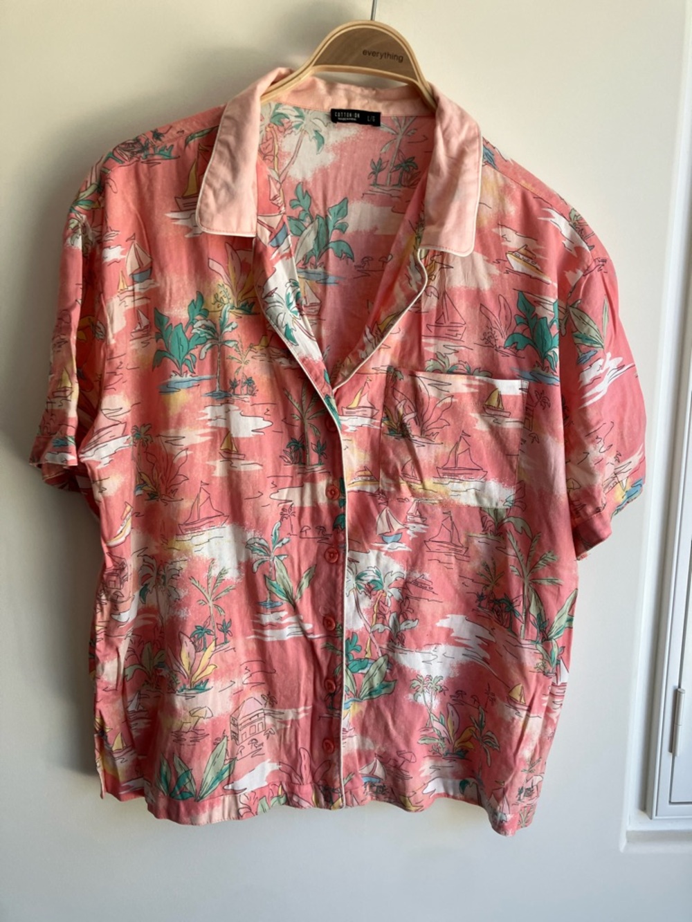 COTTON-ON Coral Tropical Print Short-Sleeve Button-Down PJ Shirt Women’s Large